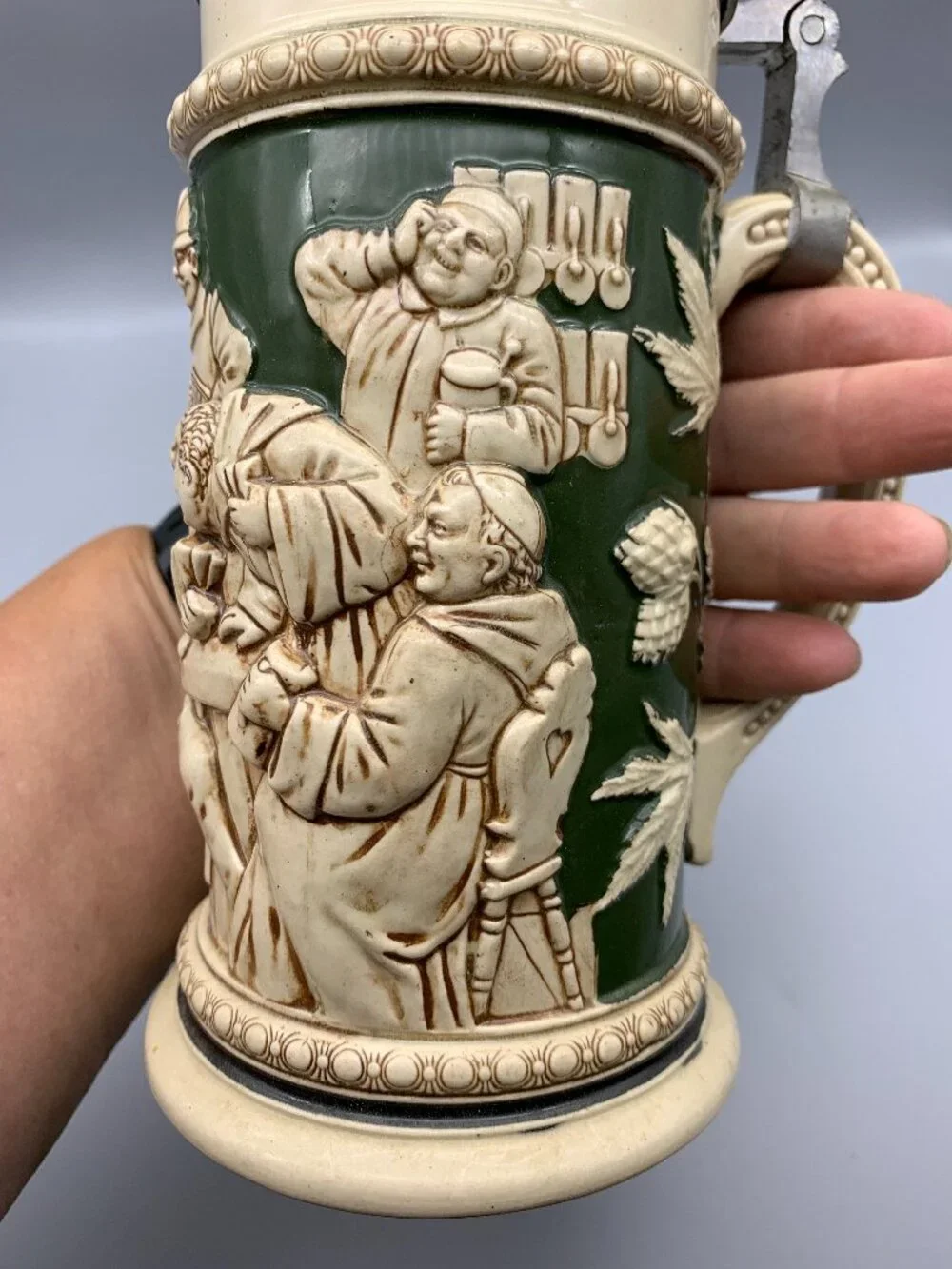 Vintage German Gestzlich Tavern Scene Stein with Pewter Hinged Lid